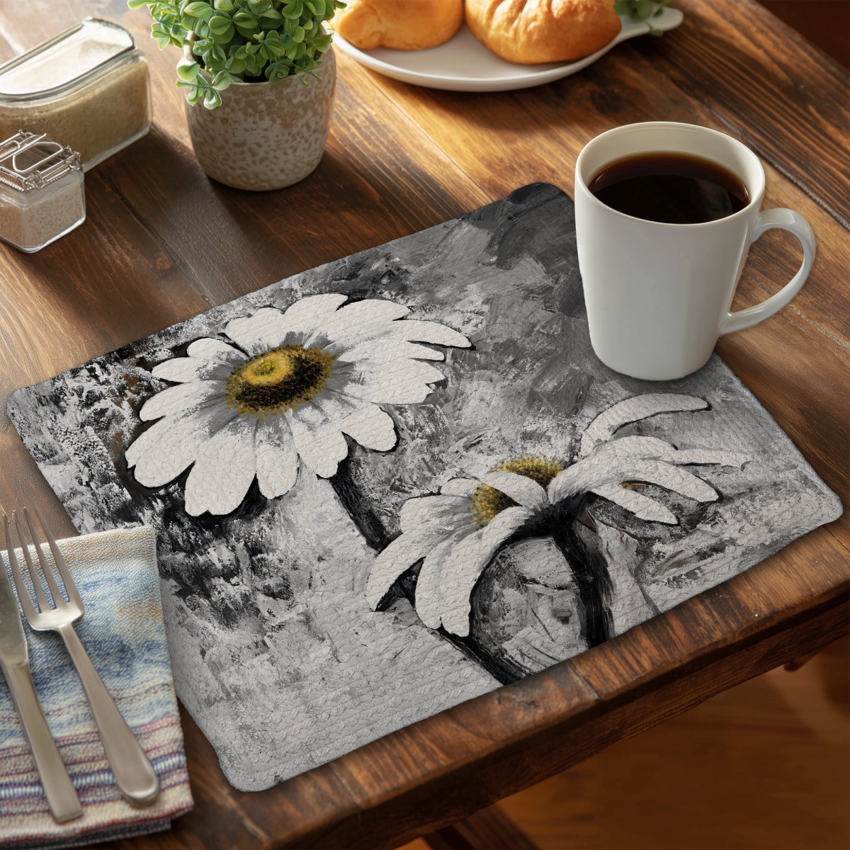 Picture of Begin Home Decor C4BP1418XOM5QY 14 x 18 in. Abstract Daisies Flowers Braided Polyester Placemat - Home Decor - Set of 4