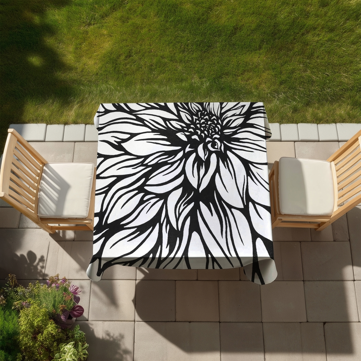 Picture of Begin Home Decor C1TC5858T7EOHQ 58 x 58 in. Dahlia Flower Outline Tablecloth - White Flowers for Home Decor