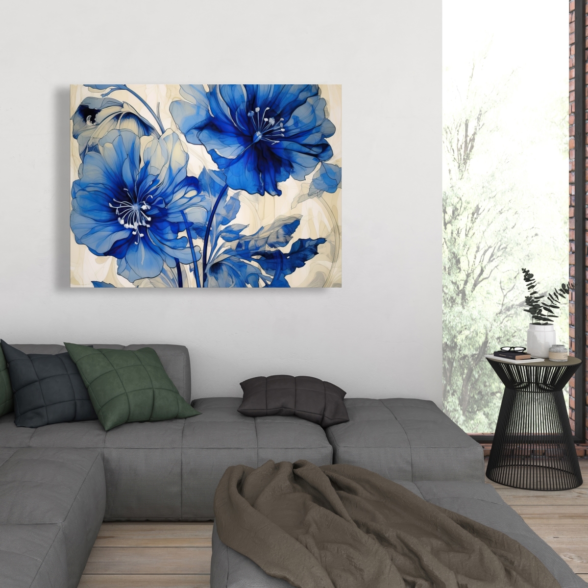 C1RC3648J02MGW 36 x 48 in. Blue Flowers - Beige Flowers Canvas for Home Decor - Art