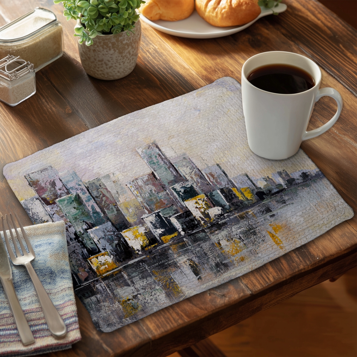 Picture of Begin Home Decor C6BP14180GOCFY 14 x 18 in. Abstract Cityscape Morning Braided Polyester Placemat - Home Decor - Set of 6