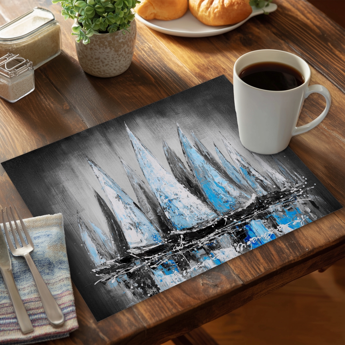 Picture of Begin Home Decor C6PP1418R4JF0H 14 x 18 in. Blue Sailboats Polyester Placemat - Home Decor Accent - Set of 6