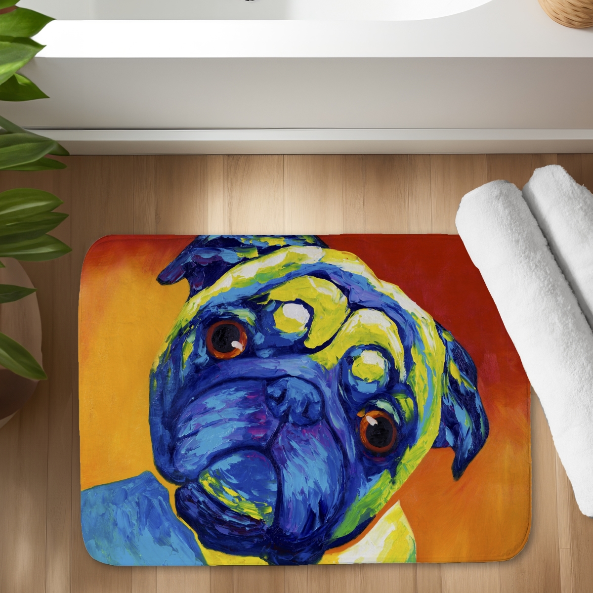 C1BM17245K4Q0J 17 x 24 in. Curious Pug - Contemporary Orange Bath Mat for Home Decor