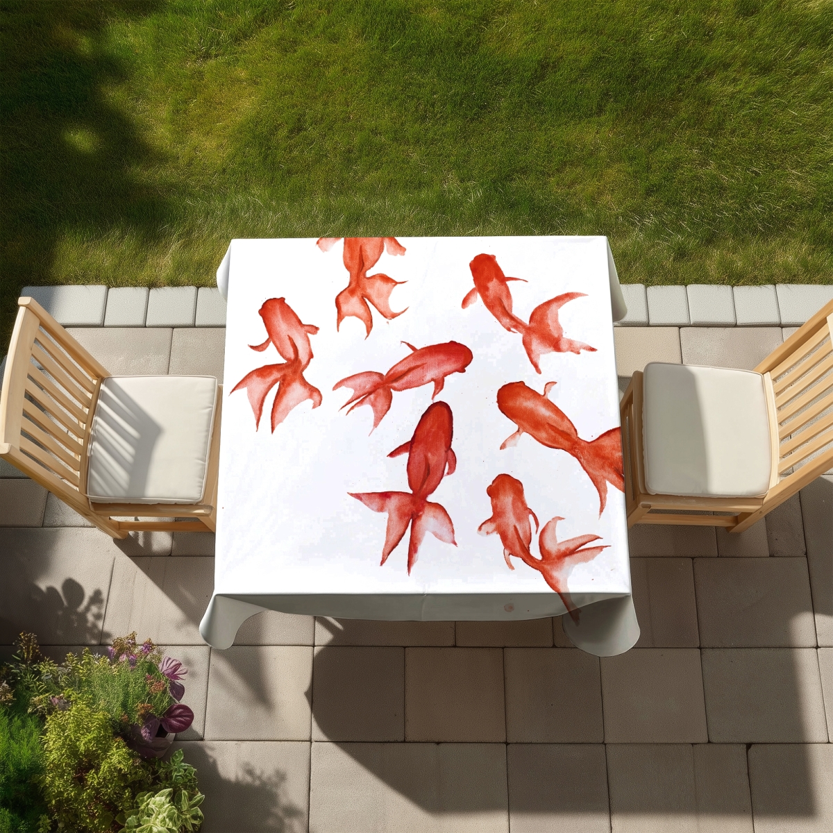 Picture of Begin Home Decor C1TC5858T3HFQS 58 x 58 in. Red Fishes - Red Bathroom Indoor & Outdoor Tablecloth - Home Decor