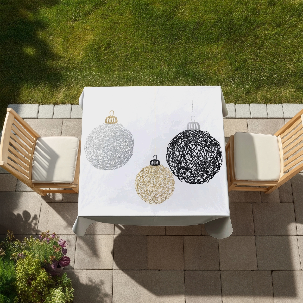Picture of Begin Home Decor C1TC5858TV5DA5 58 x 58 in. Three Christmas Balls Tablecloth - Modern Indoor Outdoor Decor