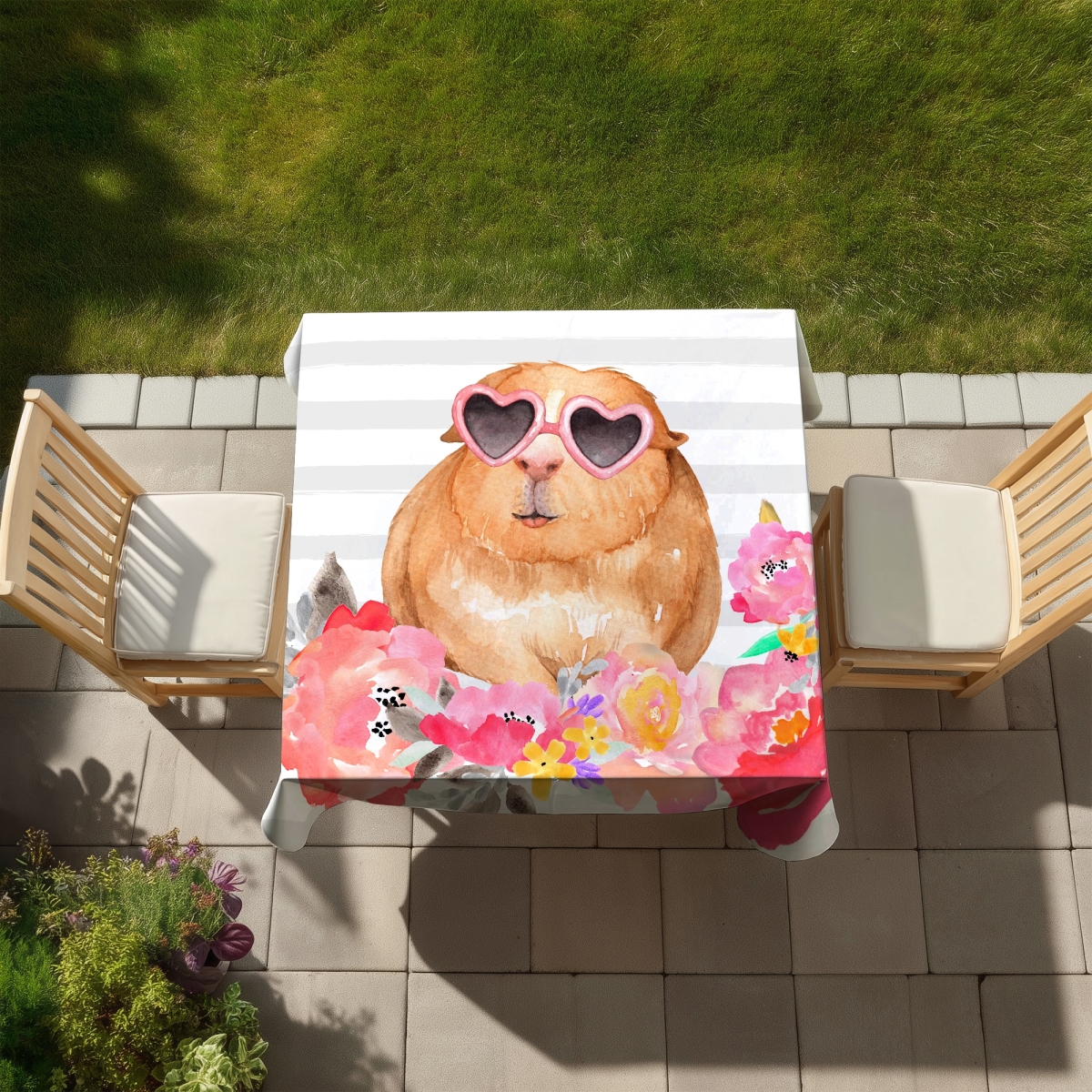 Picture of Begin Home Decor C1TC5858PRBIXW 58 x 58 in. Guinea Pig with Glasses Tablecloth - Flowers Bedroom Decor