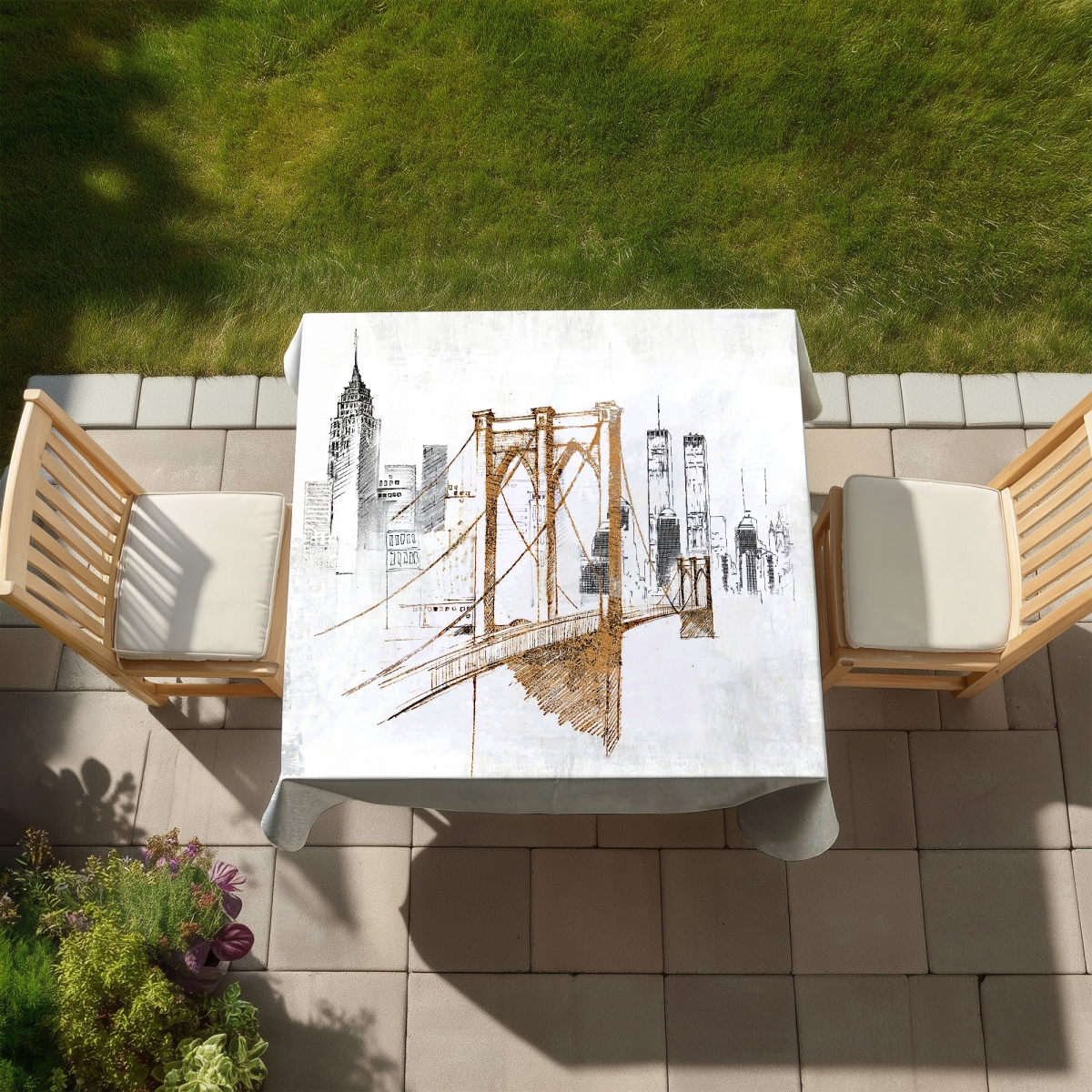Picture of Begin Home Decor C1TC5858WZG9E1 58 x 58 in. Brooklyn Bridge Blurry Sketch Tablecloth - Home Decor Accent