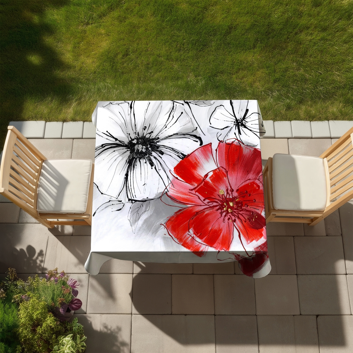 Picture of Begin Home Decor C1TC58588P283C 58 x 58 in. Red & White Flowers Sketch - Contemporary Tablecloth for Home Decor