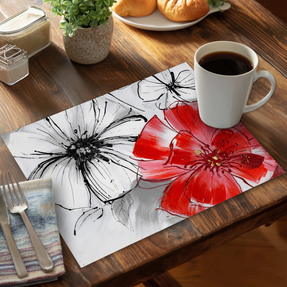 Picture of Begin Home Decor C4PP14186Q4QP0 14 x 18 in. Red & White Flowers Sketch Polyester Placemat - Home Decor - Set of 4