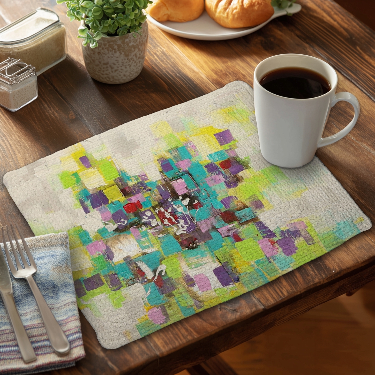 Picture of Begin Home Decor C4BP1418CEKBNA 14 x 18 in. Abstract Squares Flowers Braided Polyester Placemat - Home Decor - Set of 4