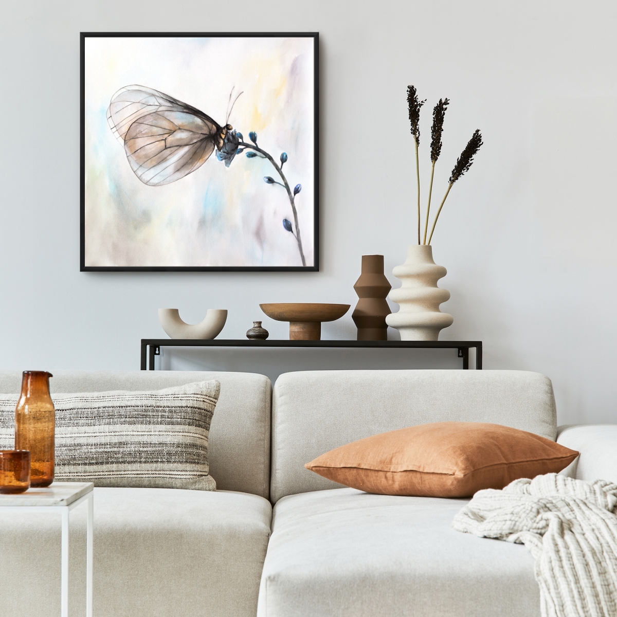 C1FC2424H7CKQ1 24 x 24 in. Butterfly on Blue Flowers - Framed Canvas Home Decor Art