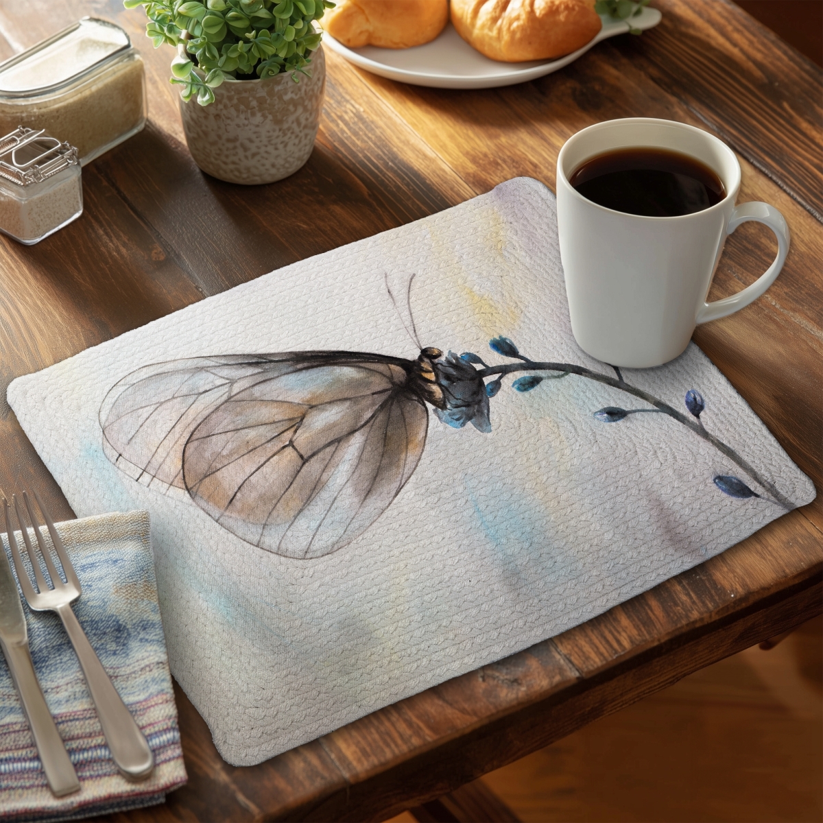 Picture of Begin Home Decor C4BP1418G4VM7U 14 x 18 in. Butterfly on Blue Flowers Braided Polyester Placemat - Home Decor - Set of 4