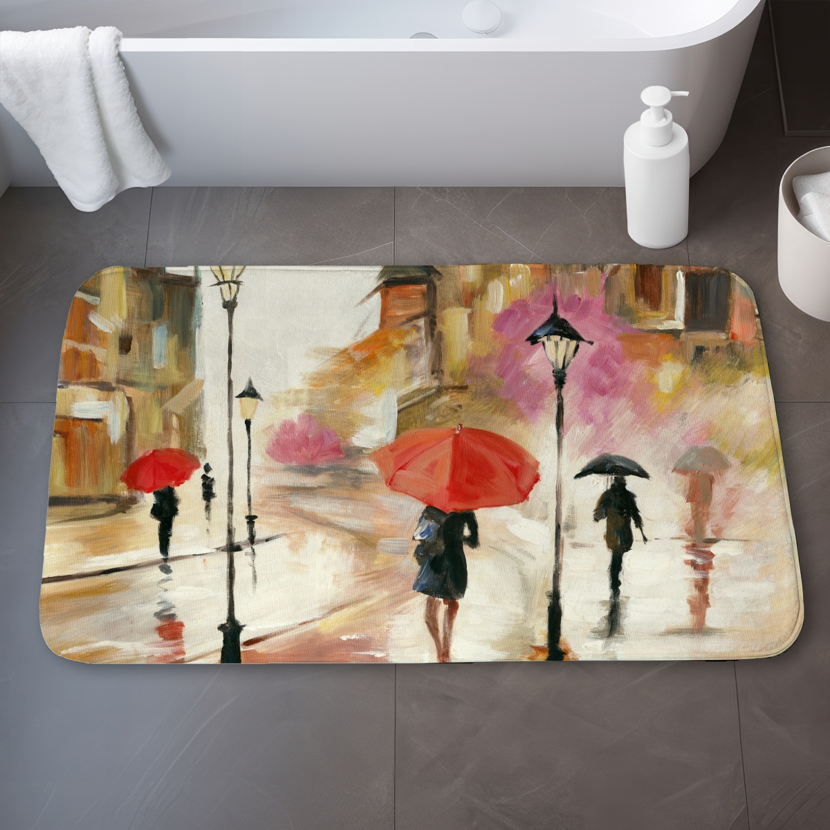 C1BM2134DRL1AP 21 x 34 in. Passersby Under Their Umbrellas - Cities Red Bath Mat - Home Decor