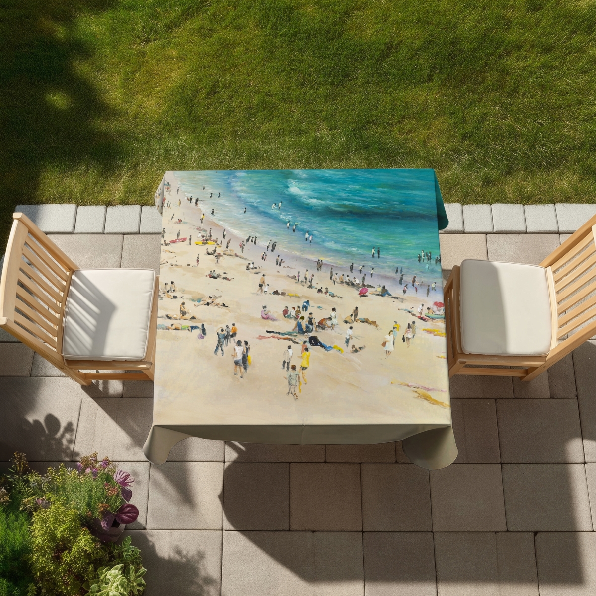 Picture of Begin Home Decor C1TC58584B1M7W 58 x 58 in. Summer Crowd At the Beach Tablecloth - Coastal Contemporary Decor