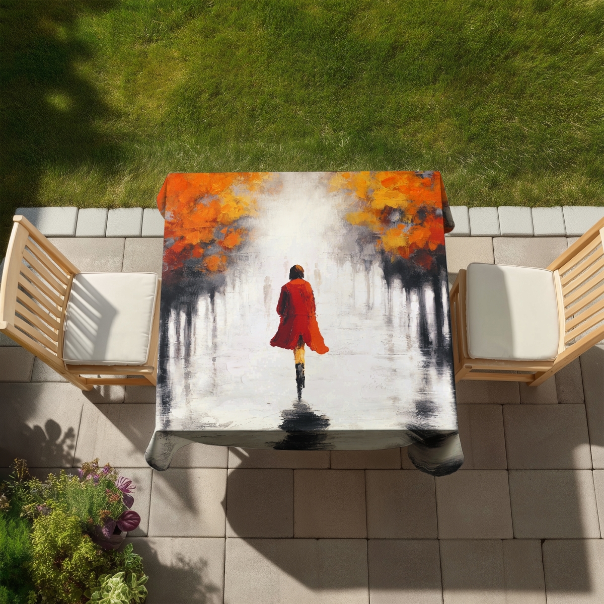 Picture of Begin Home Decor C1TC5858BY369N 58 x 58 in. Woman with a Red Coat By Fall - Orange Tablecloth for Decor