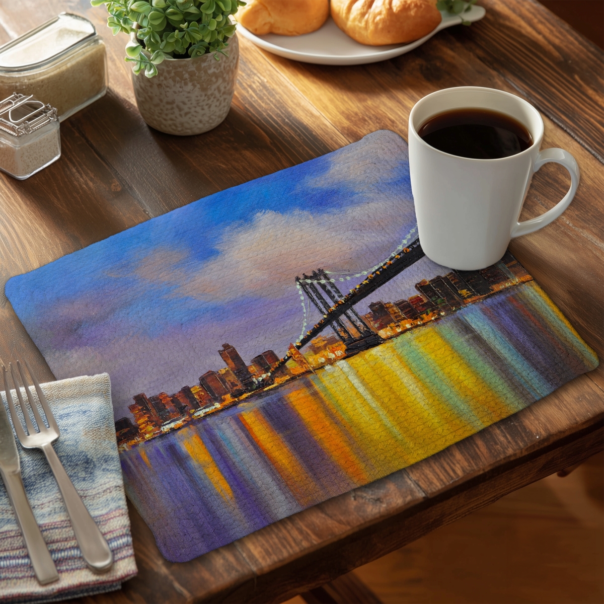 Picture of Begin Home Decor C4BP1418GM438Y 14 x 18 in. Colorful City with Bridge Day Braided Polyester Placemat - Home Decor - Set of 4