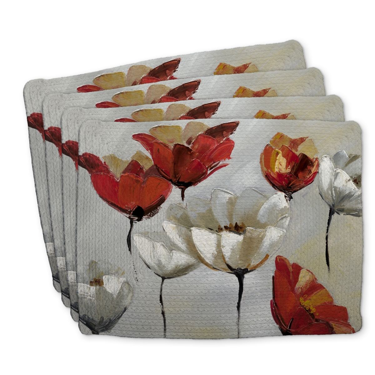Picture of Begin Home Decor C4BP1418QSX4H5 14 x 18 in. Abstract Red & White Flowers Braided Polyester Placemat - Decor - Set of 4