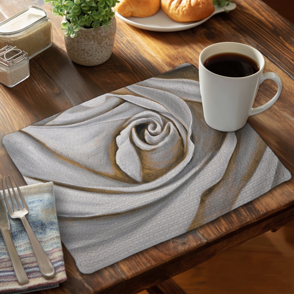 Picture of Begin Home Decor C4BP1418NNBKUG 14 x 18 in. White Rose Closeup Braided Polyester Placemat - Home Decor - Set of 4