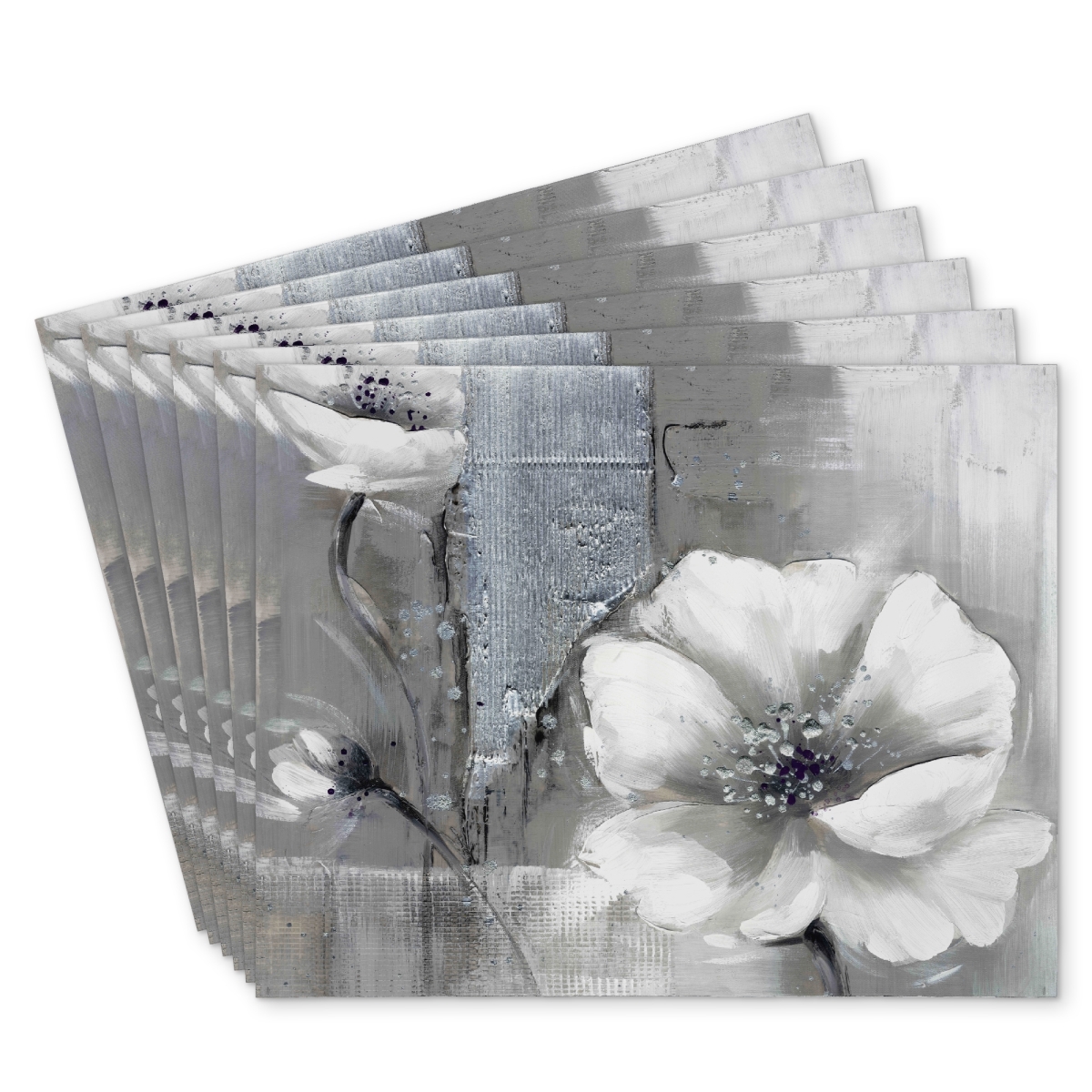 Picture of Begin Home Decor C6PP14180T3SXA 14 x 18 in. Monochrome & Silver Flowers Polyester Placemats - Home Decor - Set of 6