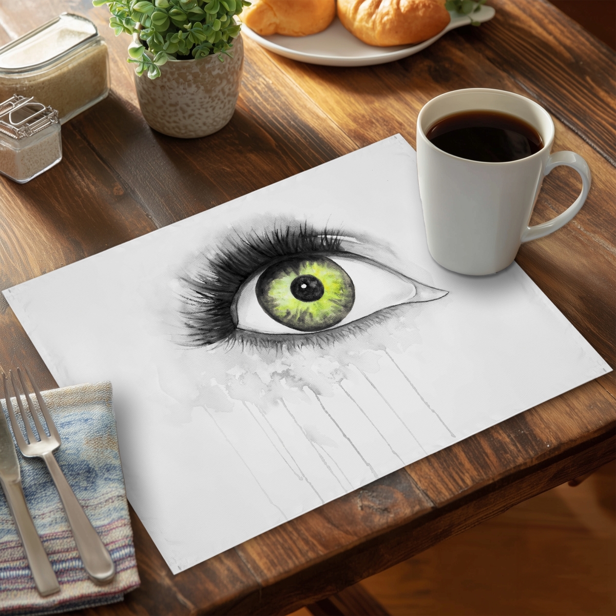 Picture of Begin Home Decor C4PP14188Q36GQ 14 x 18 in. Green Eye in Watercolor - Polyester Placemat for Home Decor - Set of 4