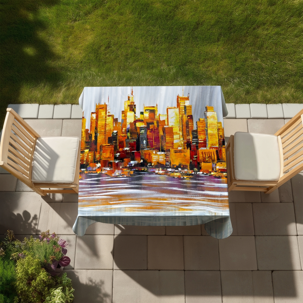 Picture of Begin Home Decor C1TC5858LUM1BJ 58 x 58 in. Orange Buildings - Contemporary Indoor Outdoor Tablecloth for Home Decor