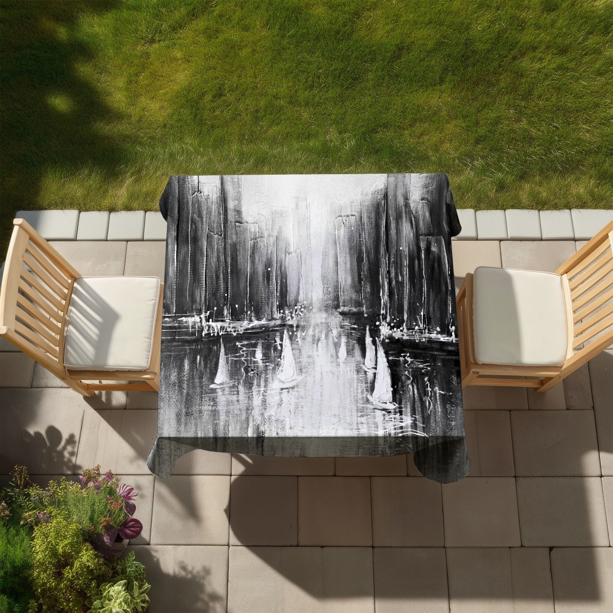 Picture of Begin Home Decor C1TC5858JH8AO5 58 x 58 in. Grayscale Boats on the Water Tablecloth - Indoor Outdoor Decor