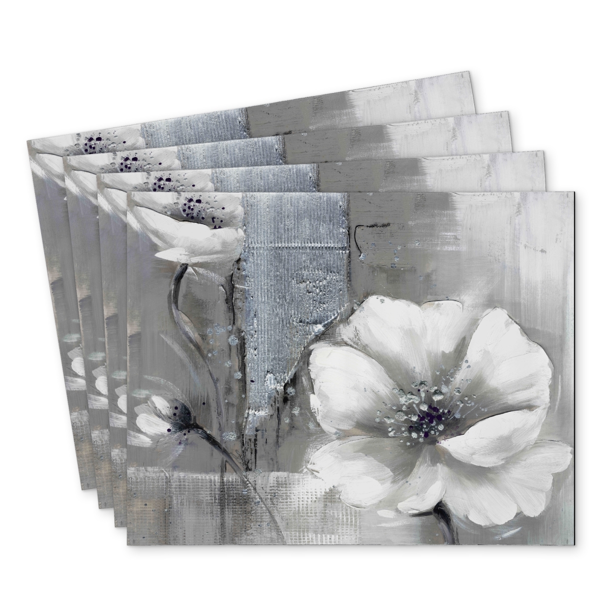 Picture of Begin Home Decor C4PP14180PC10P 14 x 18 in. Monochrome & Silver Flowers Polyester Placemats for Home Decor - Set of 4