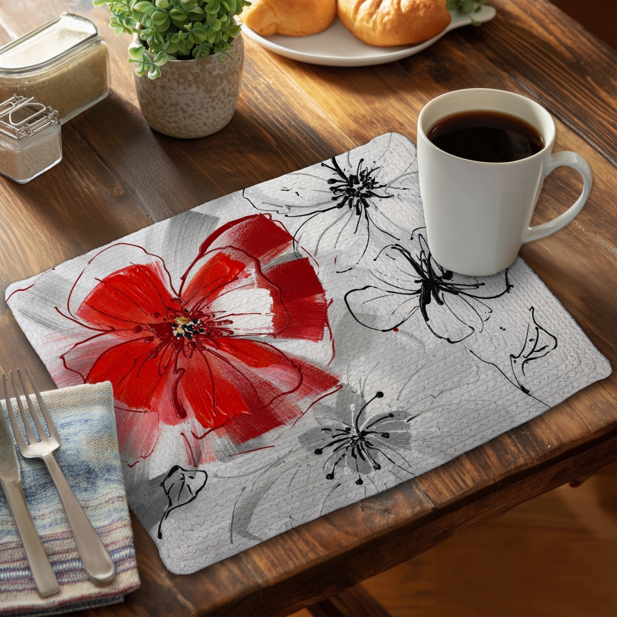 Picture of Begin Home Decor C4BP1418XOSKE5 14 x 18 in. Red & Gray Flowers Braided Polyester Placemat - Home Decor - Set of 4