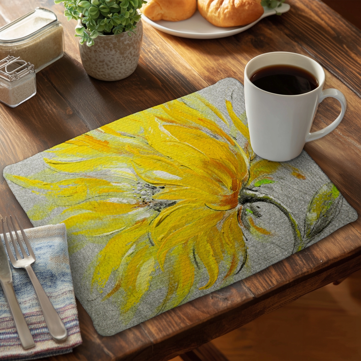 Picture of Begin Home Decor C4BP1418X6LOBZ 14 x 18 in. Yellow Flower Braided Polyester Placemat for Home Decor - Set of 4