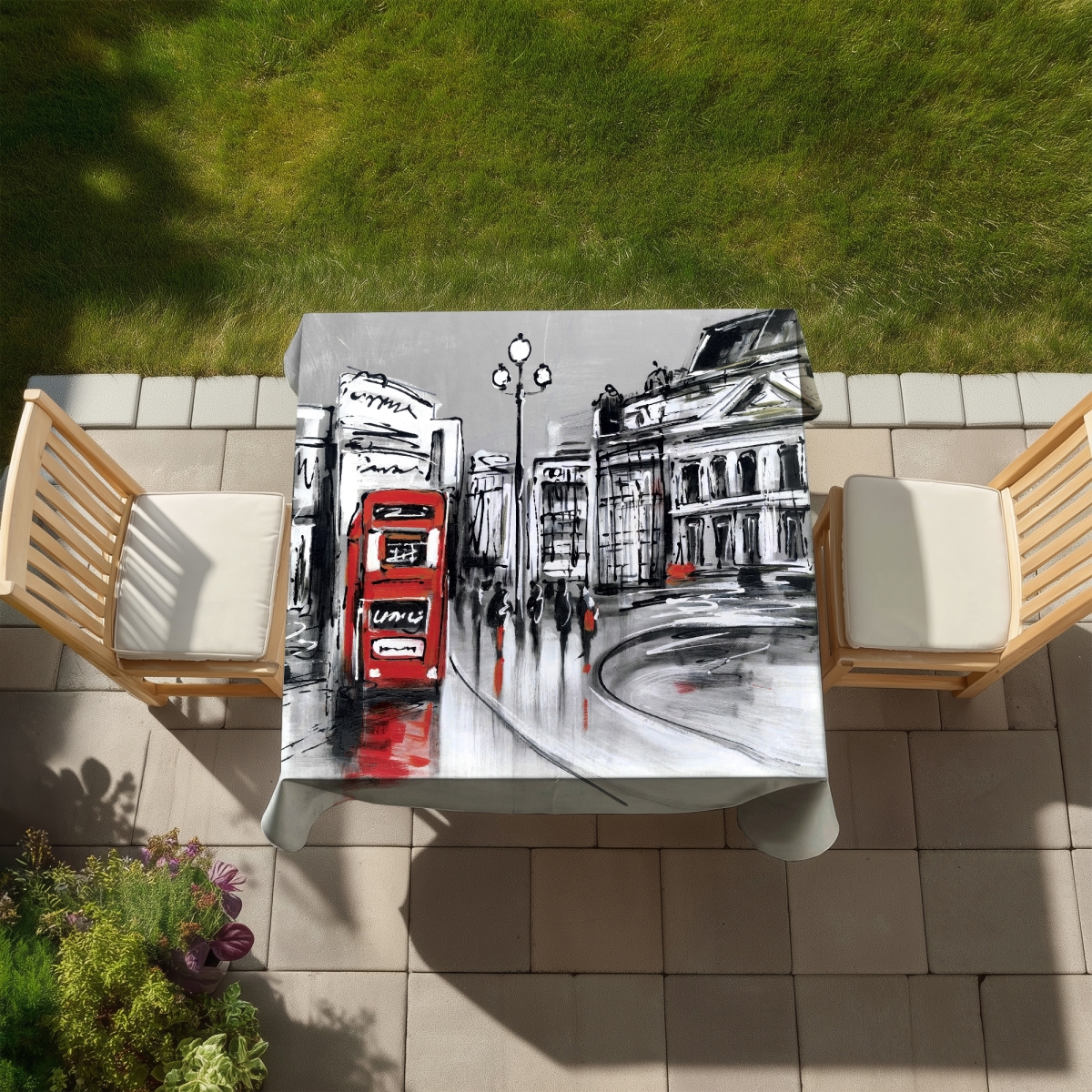Picture of Begin Home Decor C1TC5858P4GQRY 58 x 58 in. Abstract Gray City with Red Bus Tablecloth - Home Decor