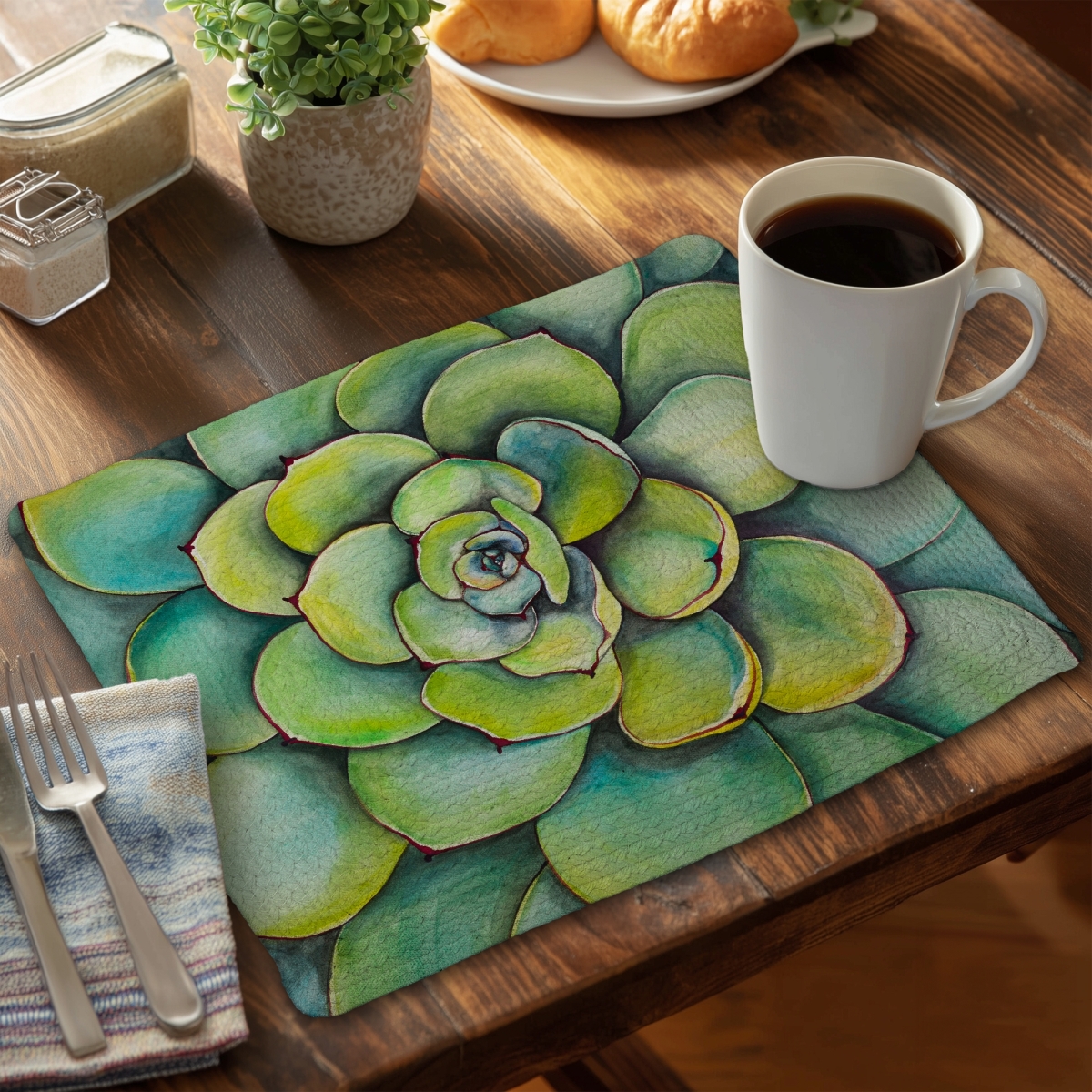 Picture of Begin Home Decor C4BP1418CUC119 14 x 18 in. Watercolor Succulent Plant Braided Polyester Placemat - Home Decor - Set of 4