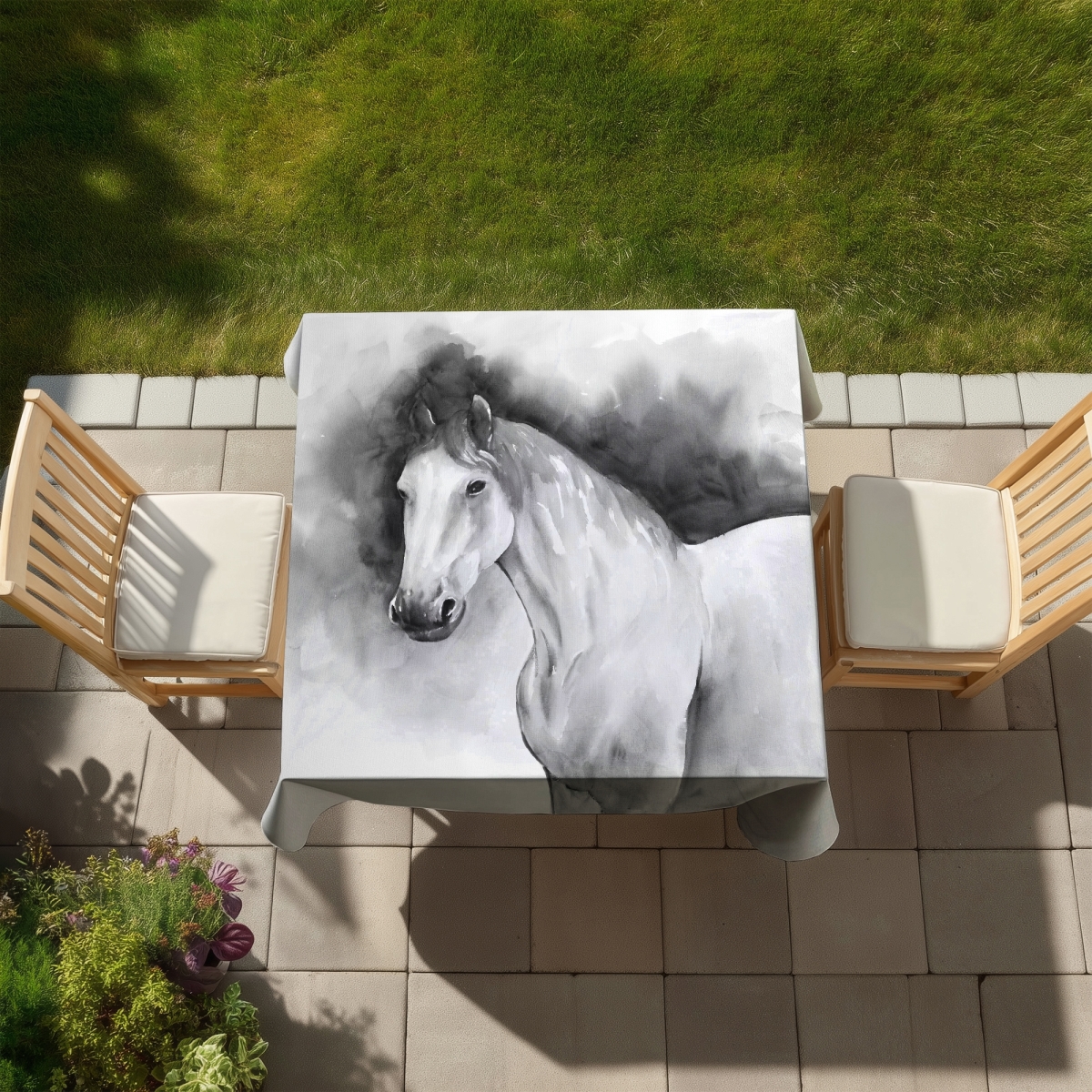 Picture of Begin Home Decor C1TC5858EUFFGN 58 x 58 in. Domino Horse White Monochrome Tablecloth - Indoor Outdoor Decor