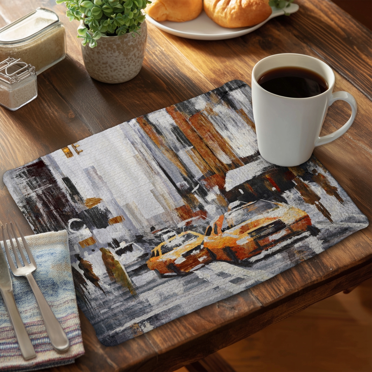 Picture of Begin Home Decor C4BP14184RID7B 14 x 18 in. Abstract Citystreet Yellow Taxis Braided Polyester Placemat - Set of 4
