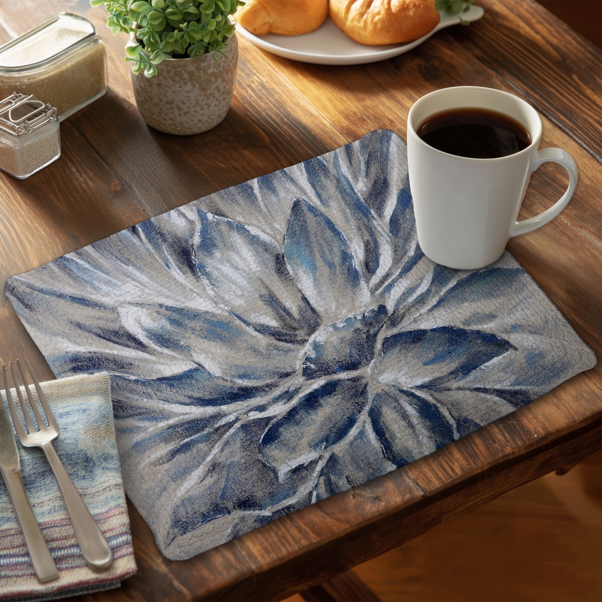 Picture of Begin Home Decor C4BP1418C384LW 14 x 18 in. Blue & Gray Flower Braided Polyester Placemat - Home Decor - Set of 4