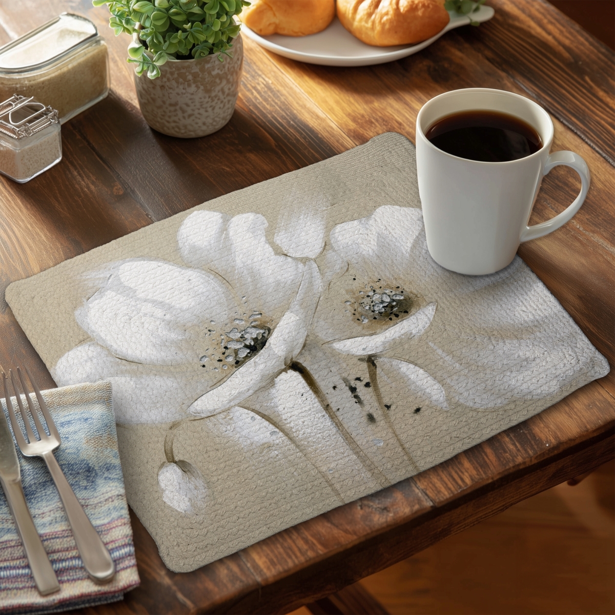 Picture of Begin Home Decor C4BP14185SJETU 14 x 18 in. White Abstract Wild Flowers Braided Polyester Placemat - Decor - Set of 4