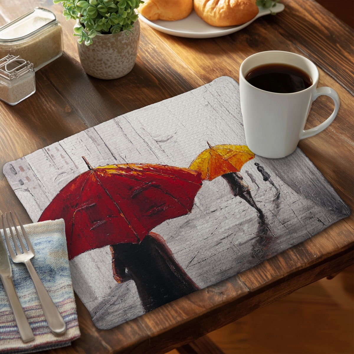 Picture of Begin Home Decor C4BP14180U6NX4 14 x 18 in. Passersby with Umbrellas Braided Polyester Placemat - Home Decor - Set of 4