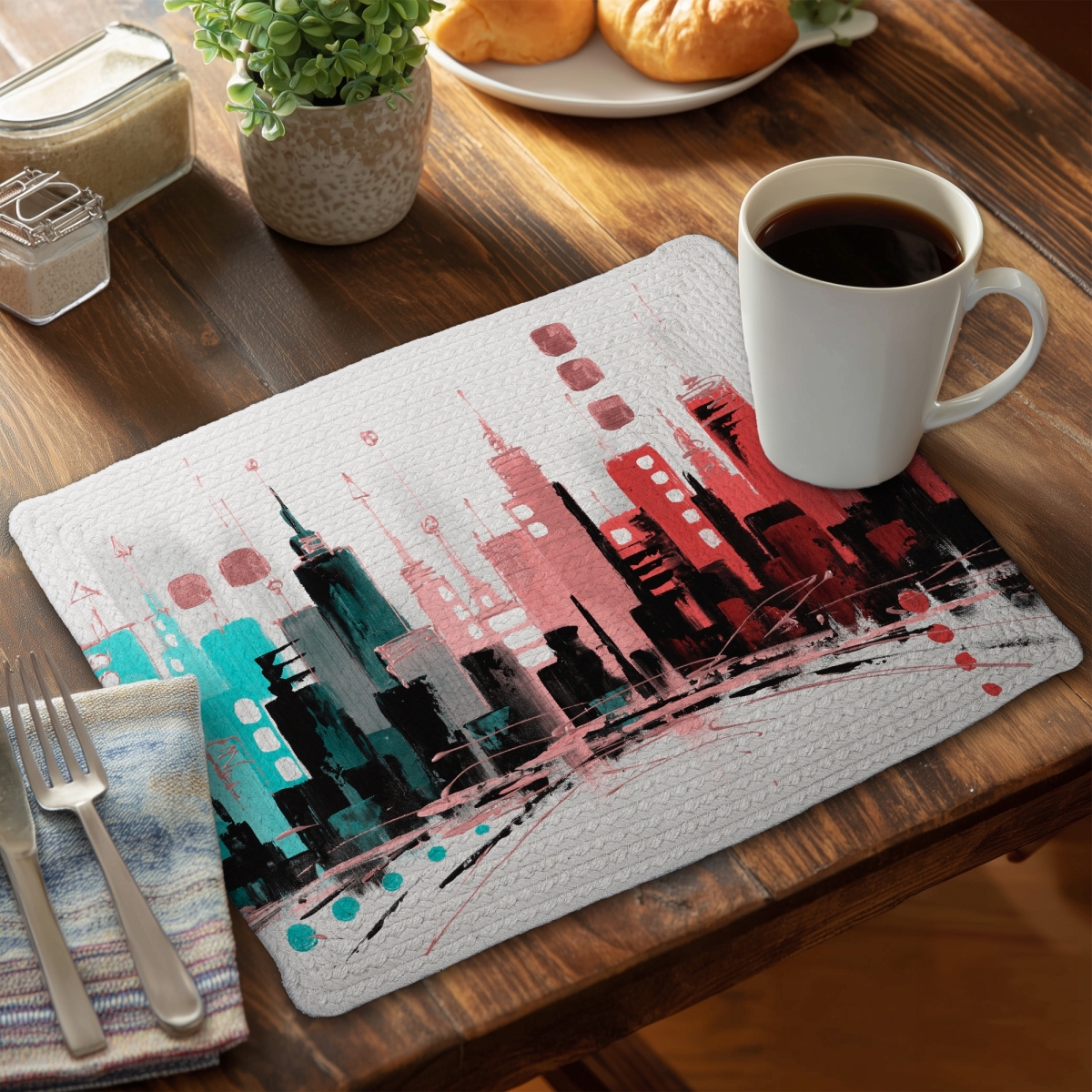 Picture of Begin Home Decor C4BP1418U9R5I1 14 x 18 in. Colorful City with Rose Gold Lines - Braided Polyester Placemat - Set of 4