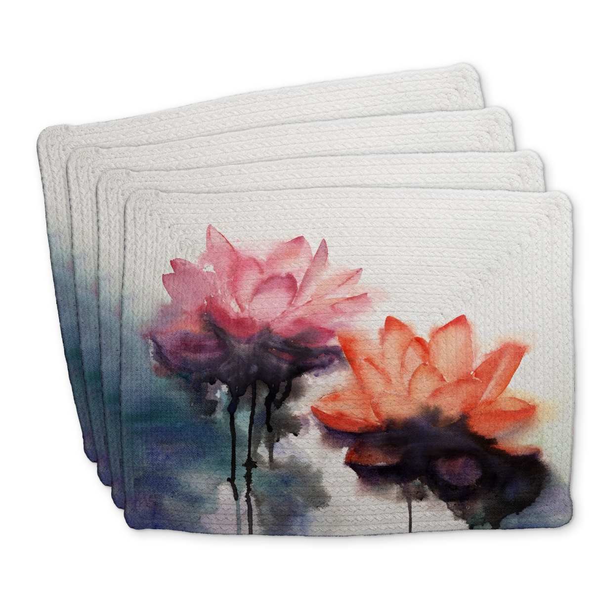 Picture of Begin Home Decor C4BP1418DR9BXJ 14 x 18 in. Watercolor Lotus Flowers Braided Polyester Placemat - Home Decor - Set of 4