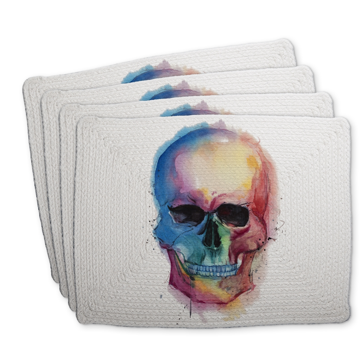 Picture of Begin Home Decor C4BP1418L4PMTP 14 x 18 in. Watercolor Colorful Skull Braided Polyester Placemat - Home Decor - Set of 4