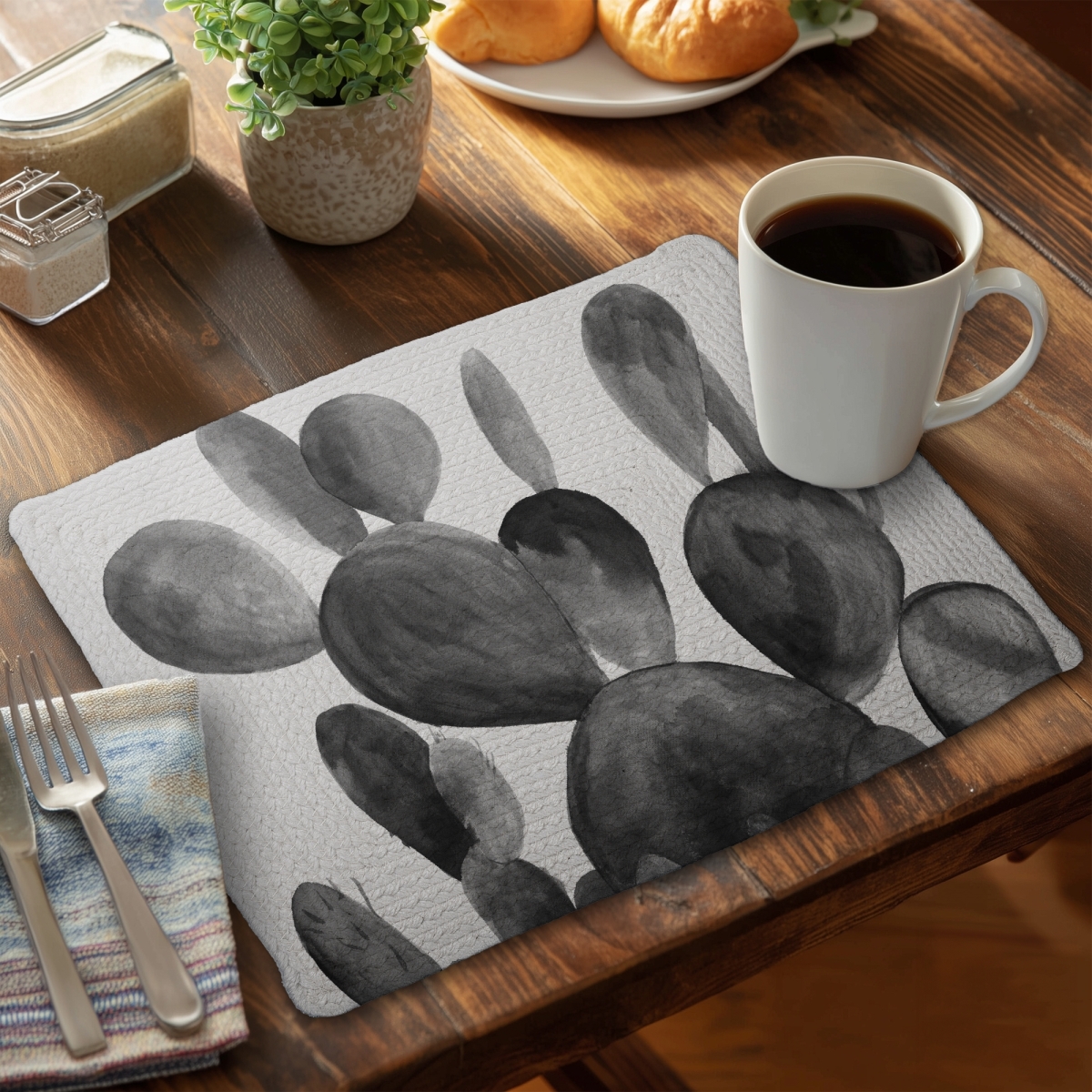 Picture of Begin Home Decor C6BP14188OHW84 14 x 18 in. Grayscale Paddle Cactus Plant - Braided Polyester Placemat - Set of 6