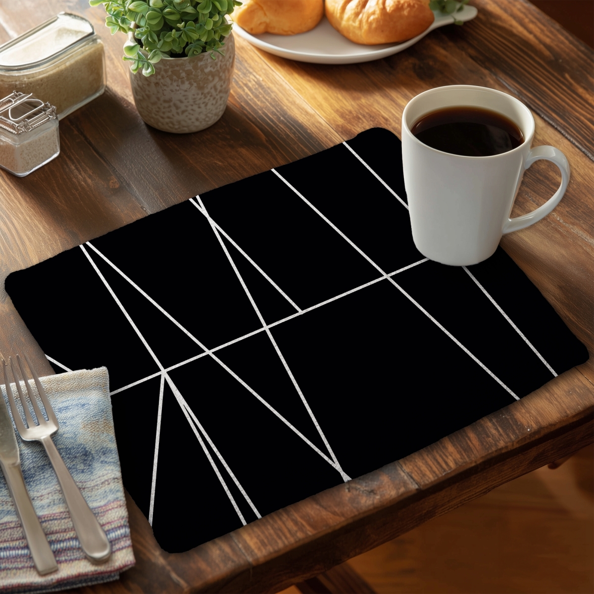Picture of Begin Home Decor C4BP1418KWMQ6T 14 x 18 in. White Stripes on Black Background - Braided Polyester Placemat - Set of 4