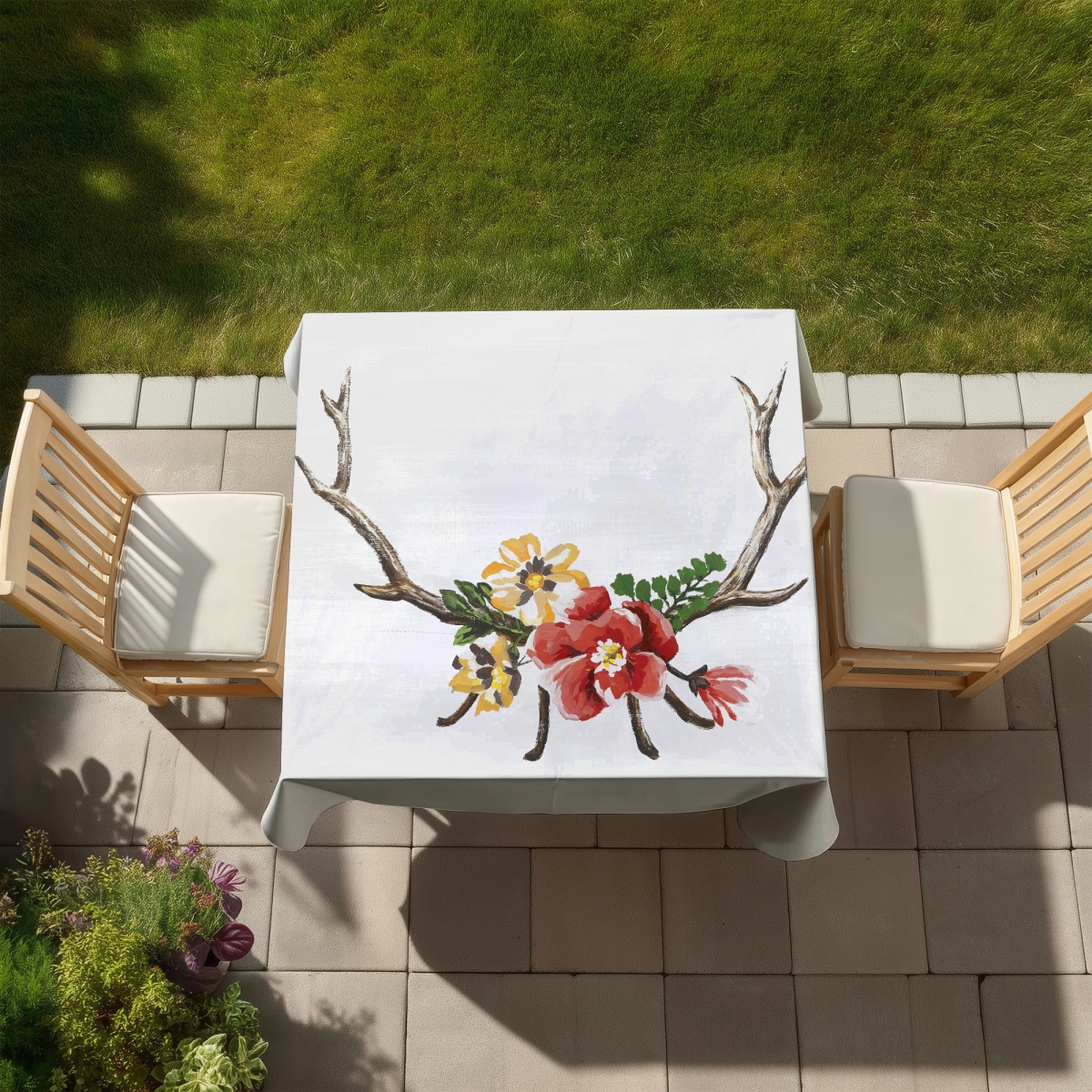 Picture of Begin Home Decor C1TC5858KQQXLE 58 x 58 in. Deer Horns with Flowers Tablecloth - Bohemian Home Decor