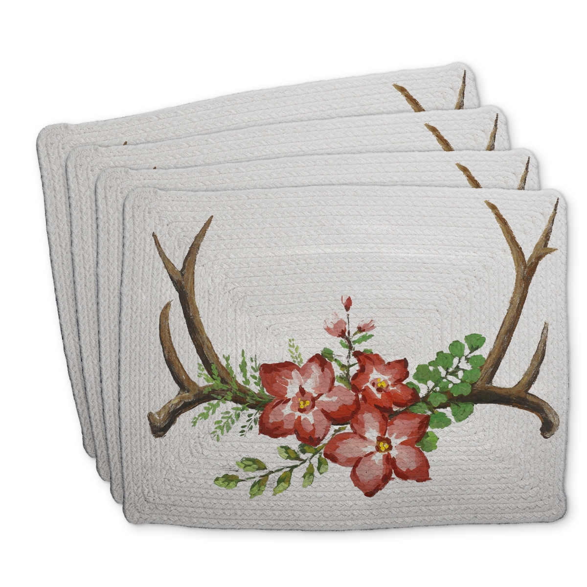 Picture of Begin Home Decor C4BP1418M0775H 14 x 18 in. Deer Horns & Pink Flowers Braided Polyester Placemat - Home Decor - Set of 4