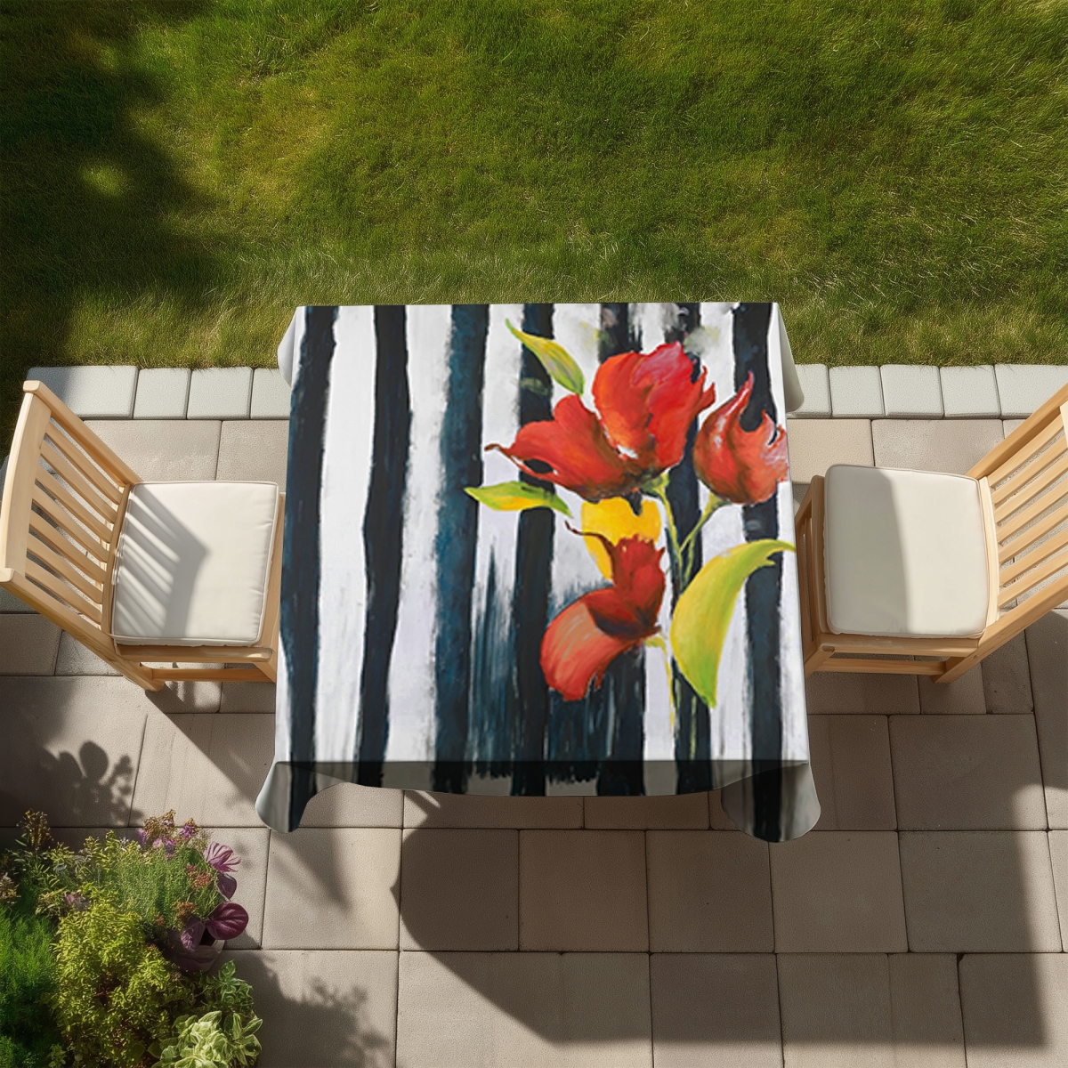 Picture of Begin Home Decor C1TC5858LFCV58 58 x 58 in. Flowers on Black & White Stripes Tablecloth - Indoor Outdoor Decor