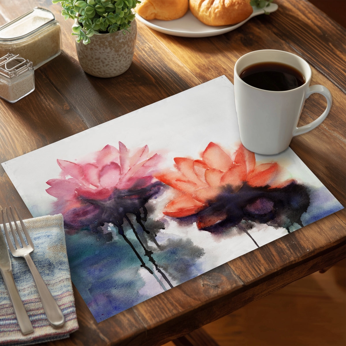Picture of Begin Home Decor C4PP1418AYWV6Y 14 x 18 in. Watercolor Lotus Flowers Polyester Placemat - Home Decor - Set of 4