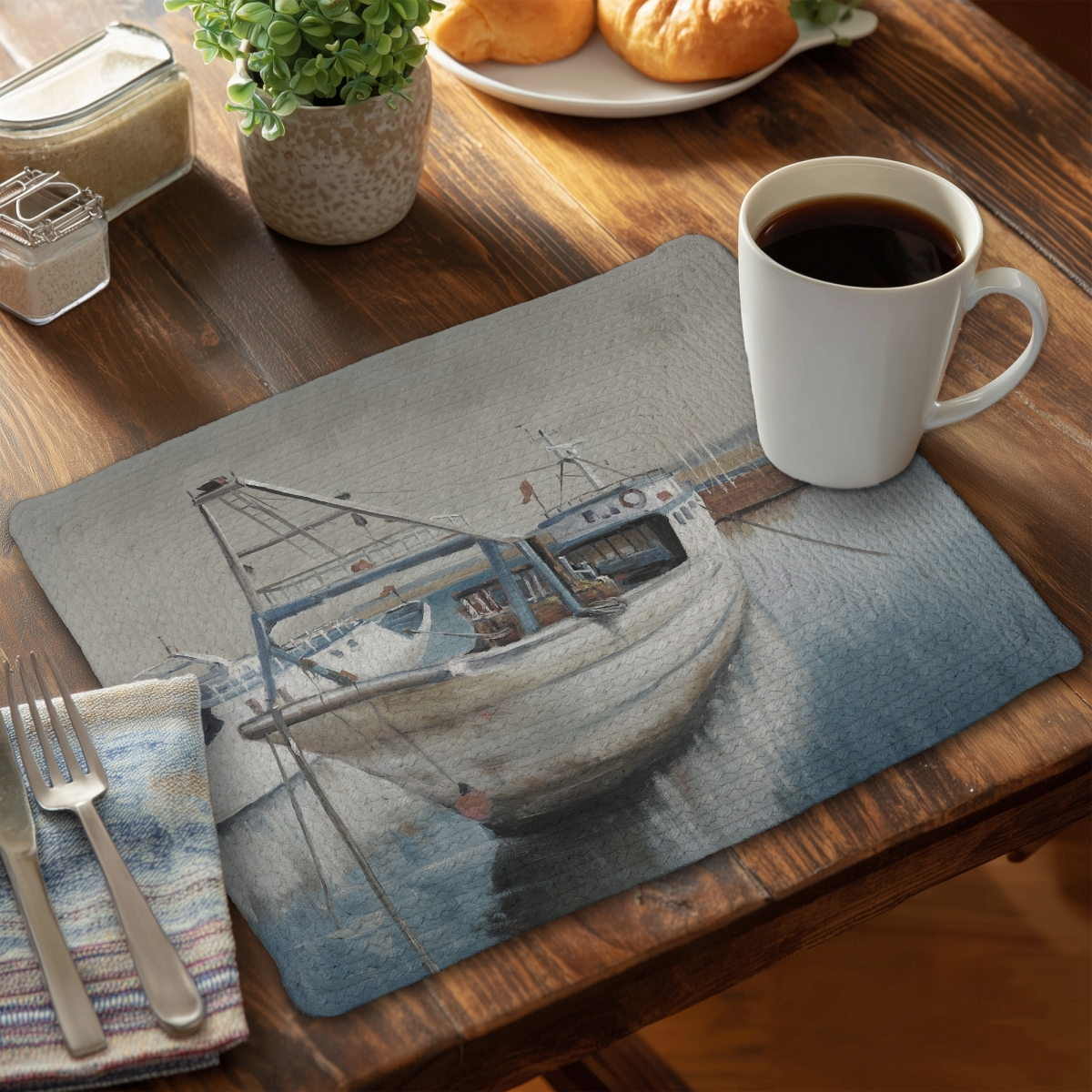 Picture of Begin Home Decor C4BP1418Z5OK3S 14 x 18 in. Fishing Boat Desaturated - Braided Polyester Placemat - Home Decor - Set of 4