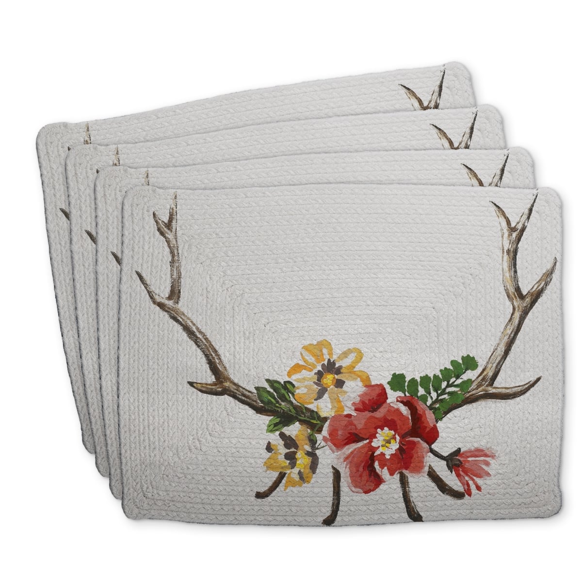 Picture of Begin Home Decor C4BP1418QCLIP8 14 x 18 in. Deer Horns with Flowers - Braided Polyester Placemats - Home Decor - Set of 4