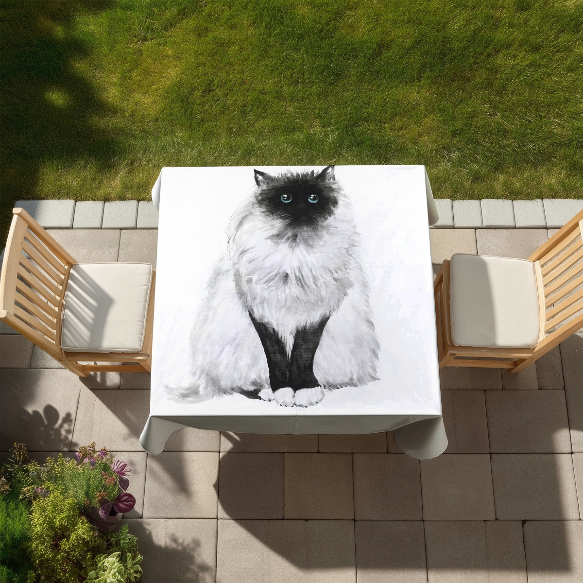Picture of Begin Home Decor C1TC5858RDW7NV 58 x 58 in. Blue Eyes Fluffy Siamese Cat Tablecloth - Indoor Outdoor Decor