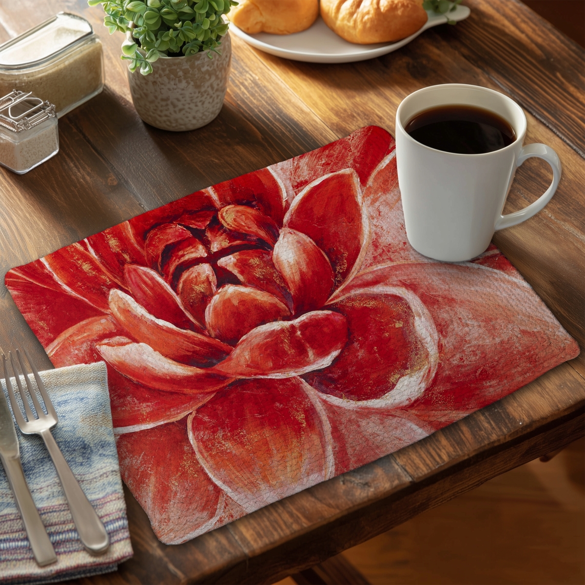 Picture of Begin Home Decor C6BP14186S7GHU 14 x 18 in. Red Chrysanthemum Braided Polyester Placemat for Home Decor - Set of 6