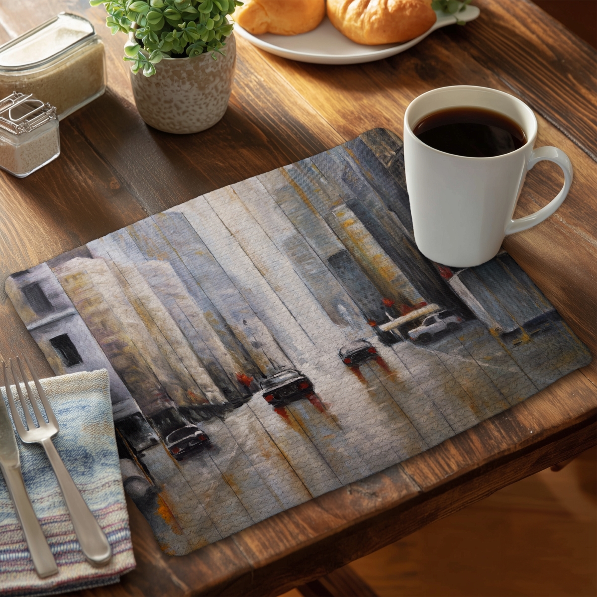 Picture of Begin Home Decor C4BP1418YIEMNL 14 x 18 in. Cars in the Morning Rain - Braided Polyester Placemat - Home Decor - Set of 4