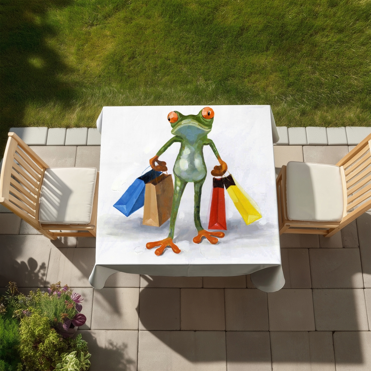 Picture of Begin Home Decor C1TC5858Q88WLT 58 x 58 in. Funny Frog with Shopping Bags Tablecloth - Aquatic Kids Art